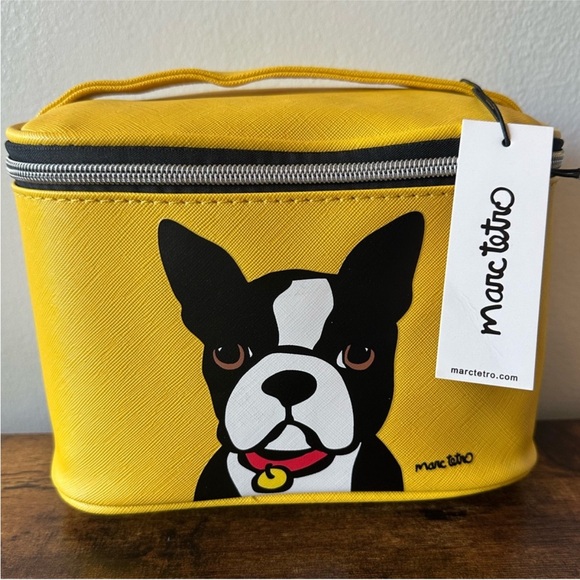 Marc Tetro Handbags - Marc Tetro Yellow Cosmetic Bag with Dog and Striped Interior, Handle NWT